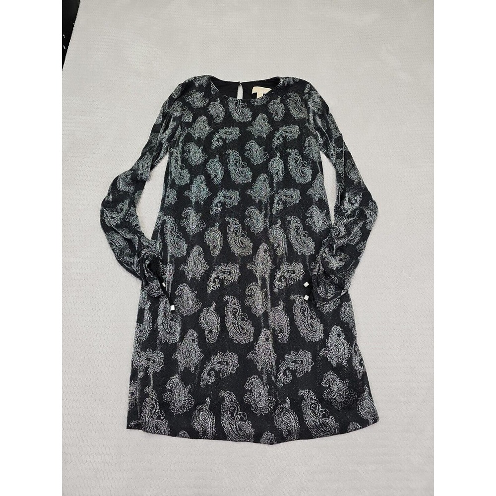 Michael Kors Dress Womens Large Black Silver Paisley Print Scrunch Tie Sleeves